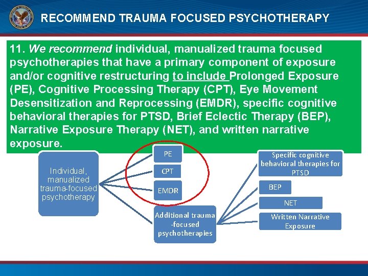 RECOMMEND TRAUMA FOCUSED PSYCHOTHERAPY 11. We recommend individual, manualized trauma focused psychotherapies that have