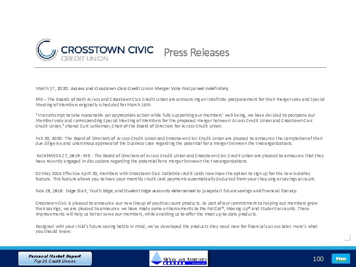 Press Releases March 17, 2020: Access and Crosstown Civic Credit Union Merger Vote Postponed