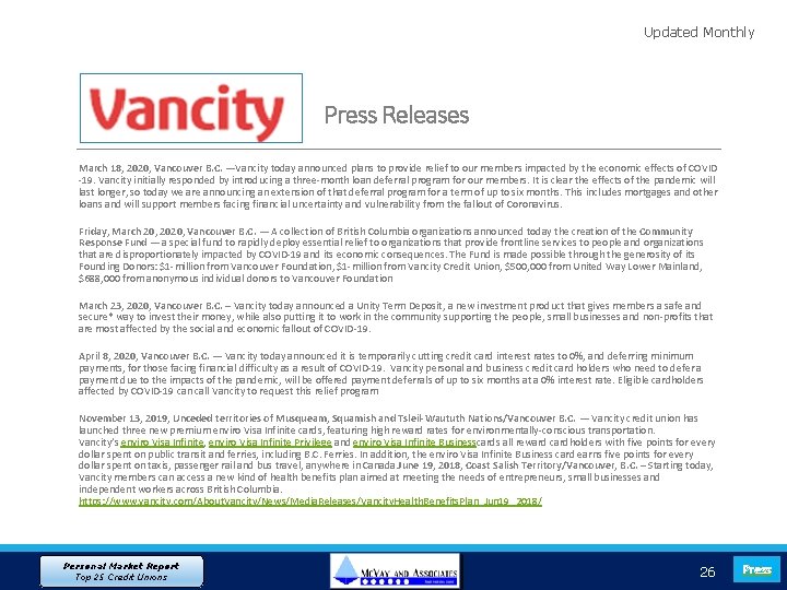 Updated Monthly Press Releases March 18, 2020, Vancouver B. C. —Vancity today announced plans
