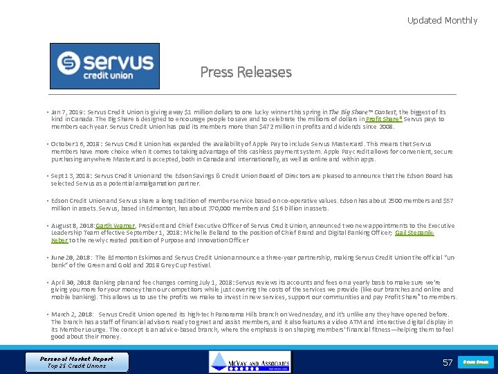 Updated Monthly Press Releases • Jan 7, 2019: Servus Credit Union is giving away