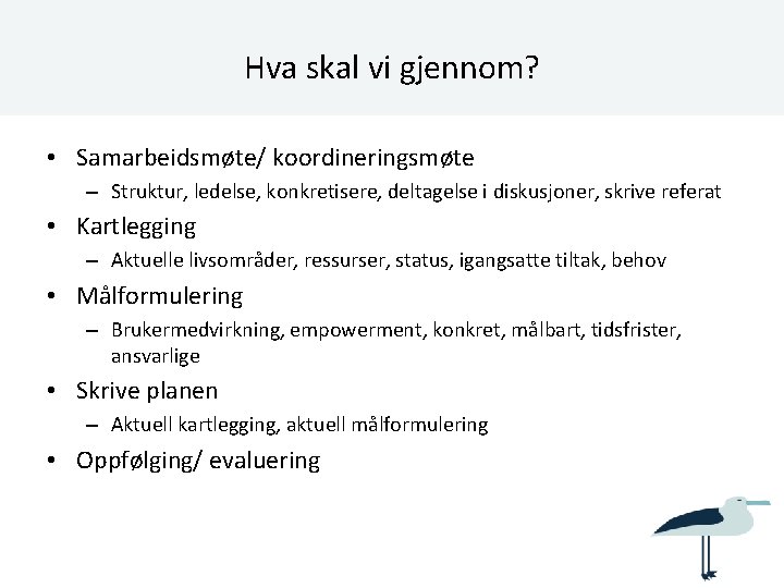 Hva skal vi gjennom? • Samarbeidsmøte/ koordineringsmøte – Struktur, ledelse, konkretisere, deltagelse i diskusjoner,