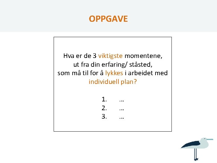 OPPGAVE Hva er de 3 viktigste momentene, ut fra din erfaring/ ståsted, som må