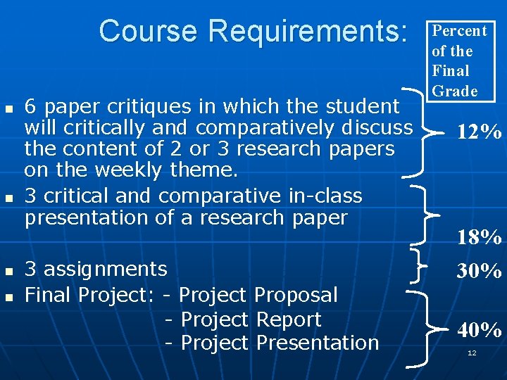 Course Requirements: n n 6 paper critiques in which the student will critically and