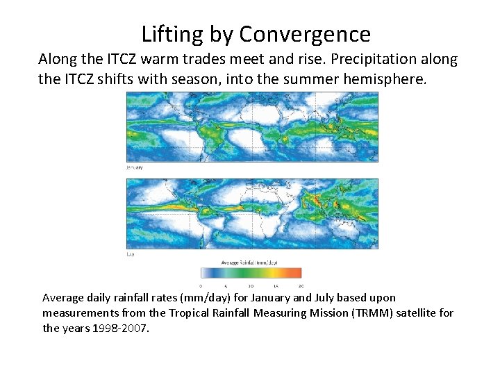 Lifting by Convergence Along the ITCZ warm trades meet and rise. Precipitation along the