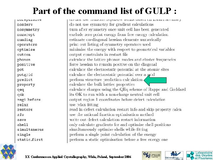 Part of the command list of GULP : XX Conference on Applied Crystallography, Wisla,