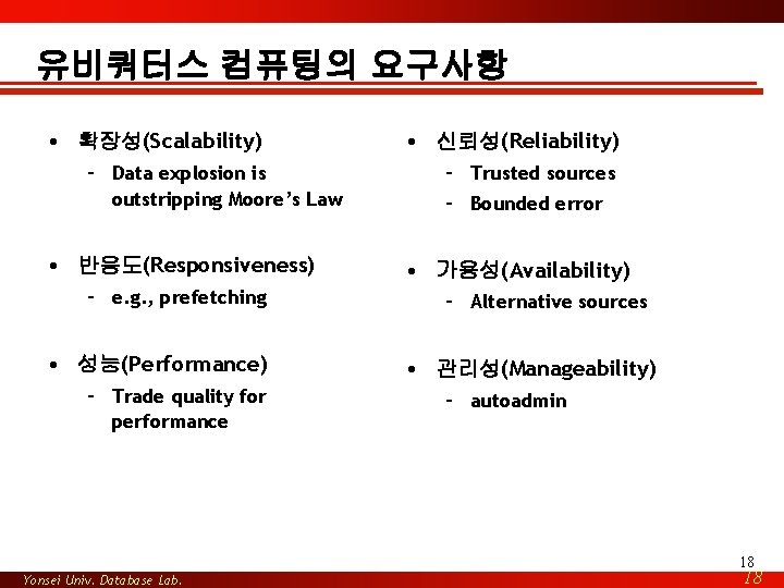 유비쿼터스 컴퓨팅의 요구사항 • 확장성(Scalability) – Data explosion is outstripping Moore’s Law • 반응도(Responsiveness)