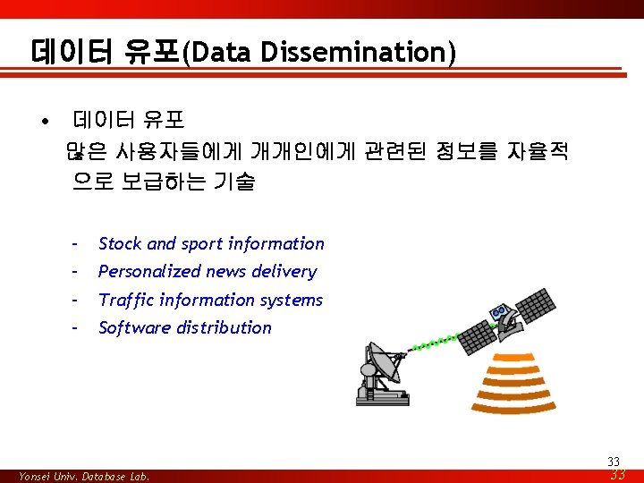 데이터 유포(Data Dissemination) • 데이터 유포 많은 사용자들에게 개개인에게 관련된 정보를 자율적 으로 보급하는