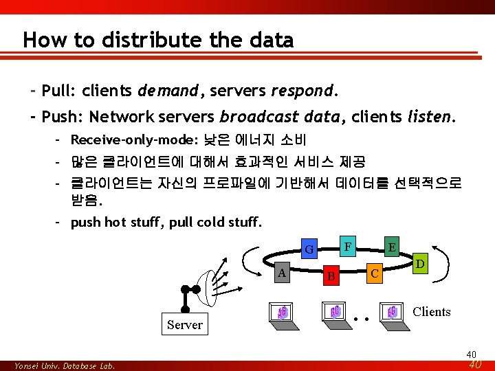 How to distribute the data - Pull: clients demand, servers respond. - Push: Network