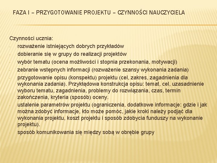 FAZA I – PRZYGOTOWANIE PROJEKTU – CZYNNOŚCI NAUCZYCIELA Czynności ucznia: rozważenie istniejących dobrych przykładów