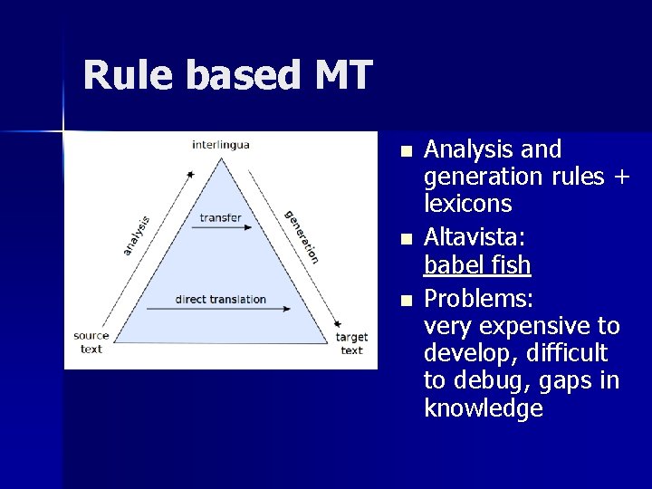Rule based MT n n n Analysis and generation rules + lexicons Altavista: babel