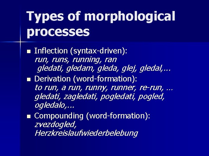 Types of morphological processes n Inflection (syntax-driven): n Derivation (word-formation): n Compounding (word-formation): run,