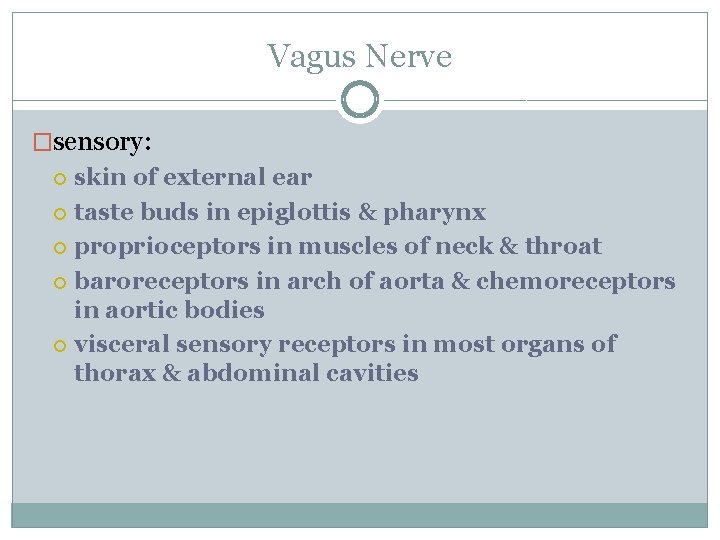 Vagus Nerve �sensory: skin of external ear taste buds in epiglottis & pharynx proprioceptors
