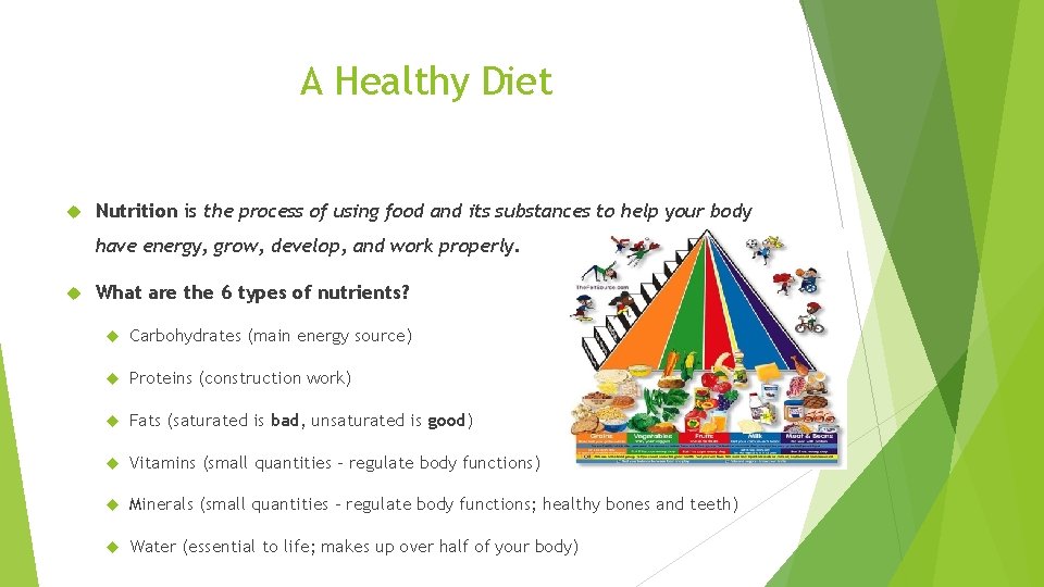 A Healthy Diet Nutrition is the process of using food and its substances to