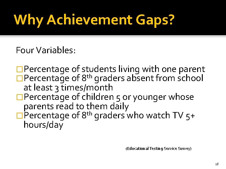 Why Achievement Gaps? Four Variables: �Percentage of students living with one parent �Percentage of