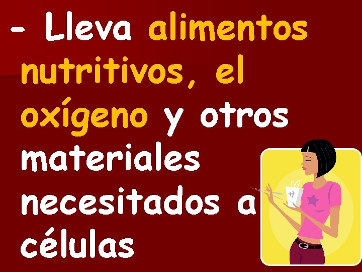 - Lleva alimentos nutritivos, el oxígeno y otros materiales necesitados a células 