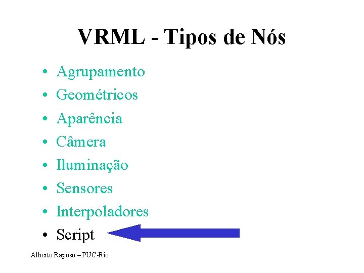 VRML - Tipos de Nós • • Agrupamento Geométricos Aparência Câmera Iluminação Sensores Interpoladores