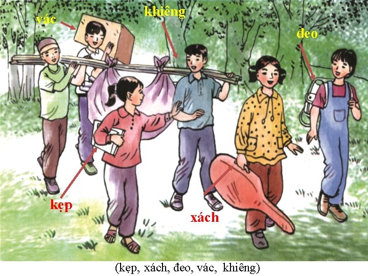 vác kẹp khiêng đeo xách (kẹp, xách, đeo, vác, khiêng) 