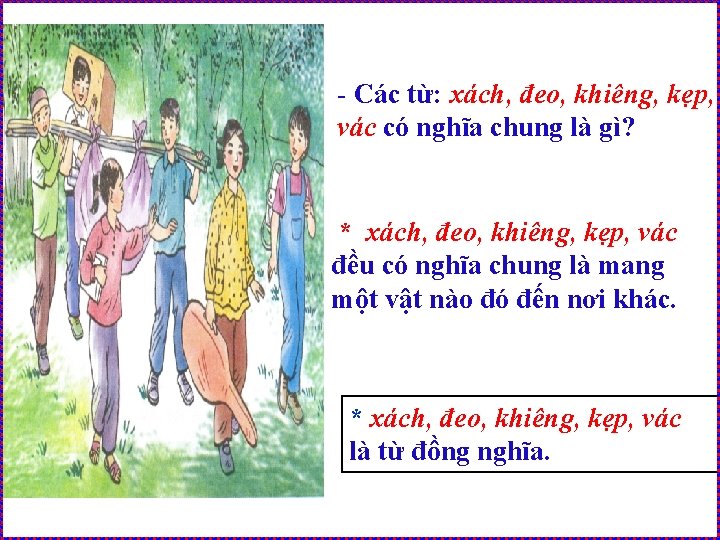 - Các từ: xách, đeo, khiêng, kẹp, vác có nghĩa chung là gì? •