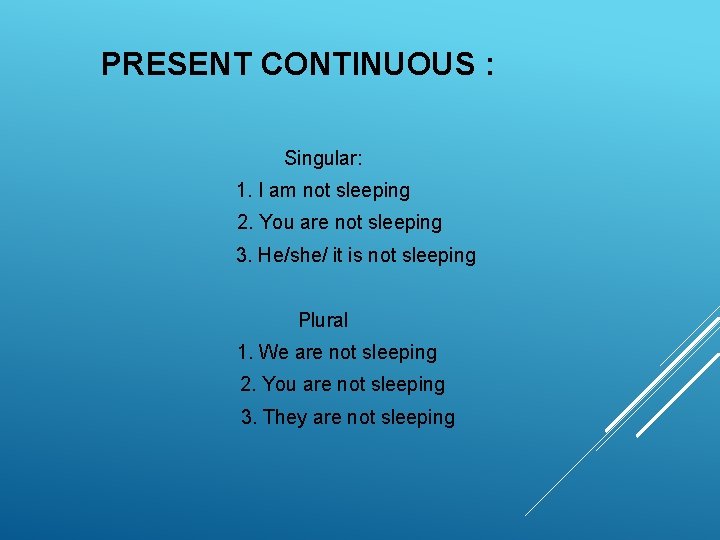 PRESENT CONTINUOUS : Singular: 1. I am not sleeping 2. You are not sleeping PRESENT CONTINUOUS : Singular: 1. I am not sleeping 2. You are not sleeping