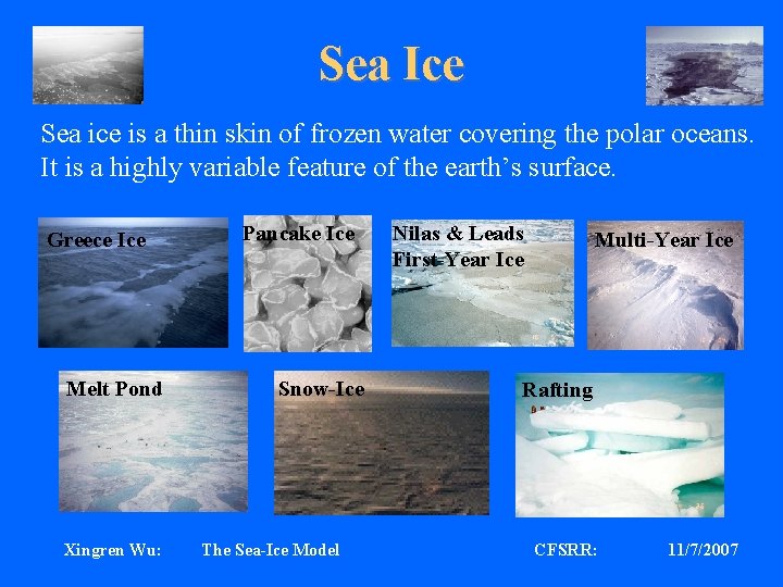 Sea Ice Sea ice is a thin skin of frozen water covering the polar