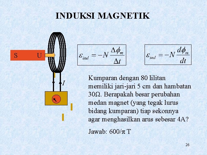 INDUKSI MAGNETIK S U I Kumparan dengan 80 lilitan memiliki jari-jari 5 cm dan