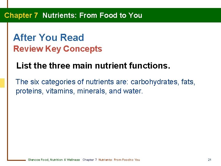 Chapter 7 Nutrients: From Food to You After You Read Review Key Concepts List