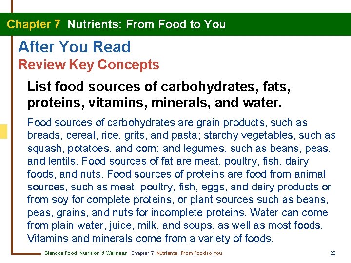 Chapter 7 Nutrients: From Food to You After You Read Review Key Concepts List