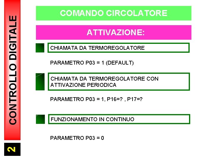 CONTROLLO DIGITALE COMANDO CIRCOLATORE ATTIVAZIONE: CHIAMATA DA TERMOREGOLATORE PARAMETRO P 03 = 1 (DEFAULT)