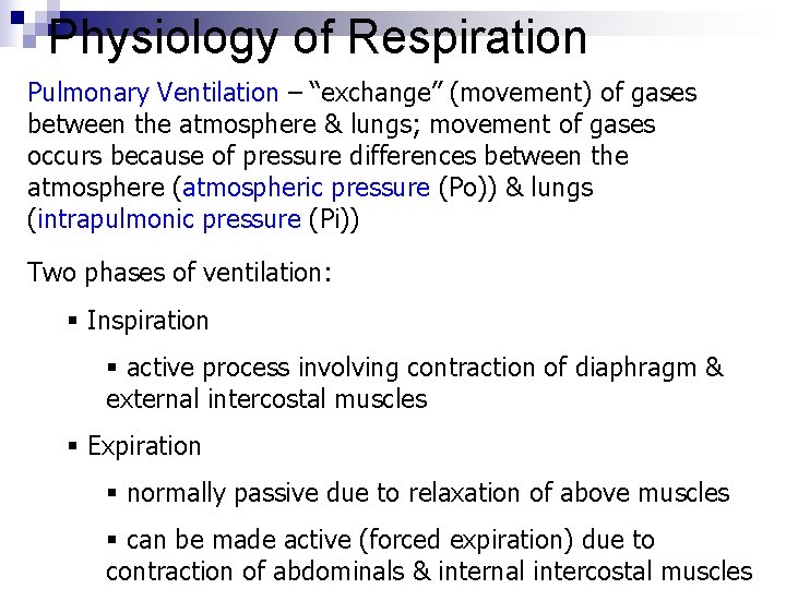 Physiology of Respiration Pulmonary Ventilation – “exchange” (movement) of gases between the atmosphere &