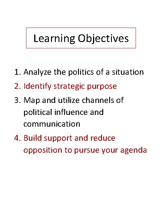 Learning Objectives 1. Analyze the politics of a situation 2. Identify strategic purpose 3.