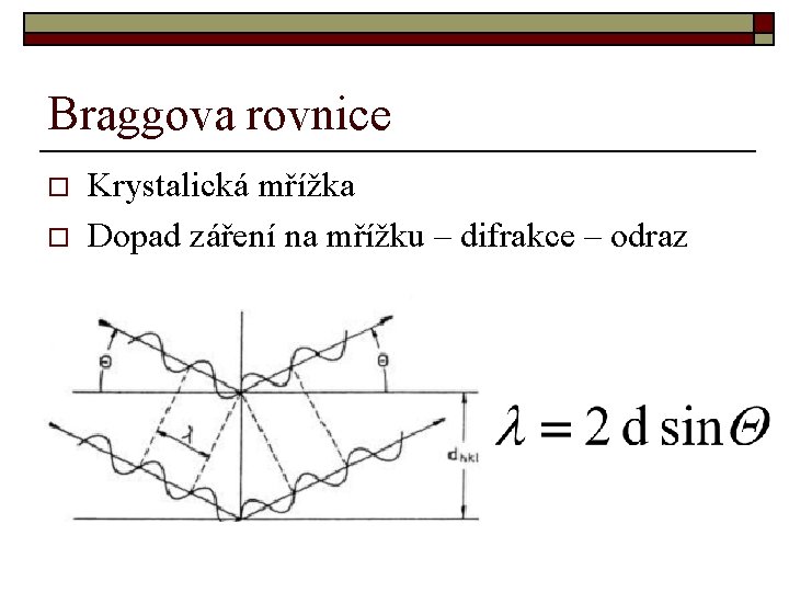 Braggova rovnice o o Krystalická mřížka Dopad záření na mřížku – difrakce – odraz
