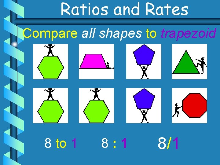 Ratios and Rates Compare all shapes to trapezoid 8 to 1 8: 1 8/1