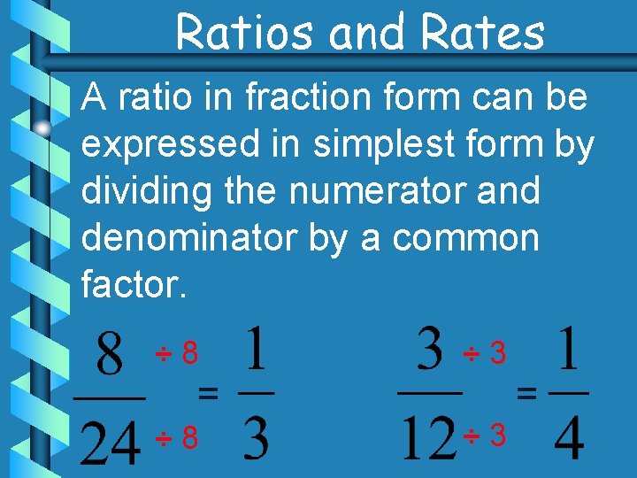 Ratios and Rates A ratio in fraction form can be expressed in simplest form