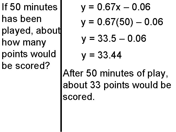 If 50 minutes has been played, about how many points would be scored? y