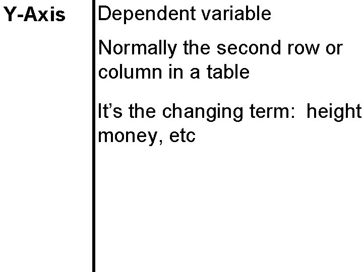 Y-Axis Dependent variable Normally the second row or column in a table It’s the