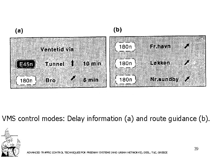 VMS control modes: Delay information (a) and route guidance (b). ADVANCED TRAFFIC CONTROL TECHNIQUES