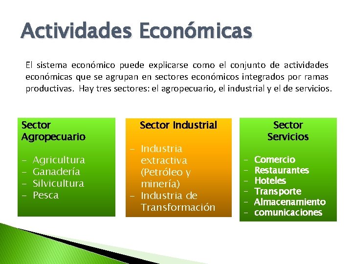Actividades Económicas El sistema económico puede explicarse como el conjunto de actividades económicas que
