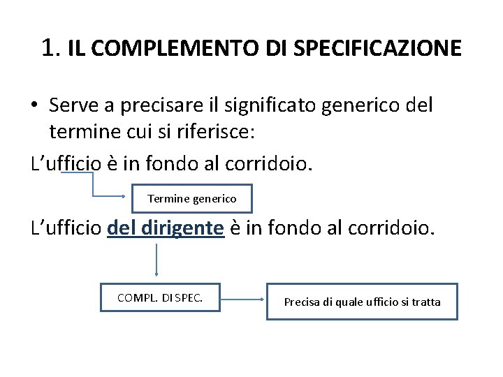 1. IL COMPLEMENTO DI SPECIFICAZIONE • Serve a precisare il significato generico del termine