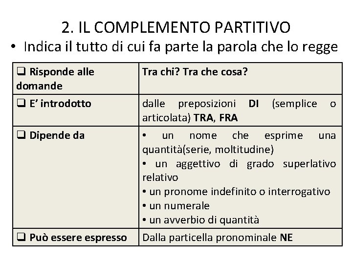 2. IL COMPLEMENTO PARTITIVO • Indica il tutto di cui fa parte la parola