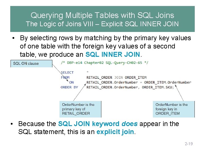 Querying Multiple Tables with SQL Joins The Logic of Joins VIII – Explicit SQL