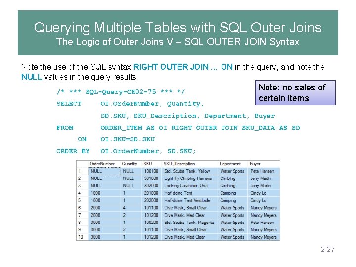 Querying Multiple Tables with SQL Outer Joins The Logic of Outer Joins V –