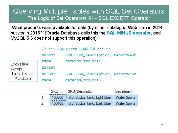 Querying Multiple Tables with SQL Set Operators The Logic of Set Operators XI –