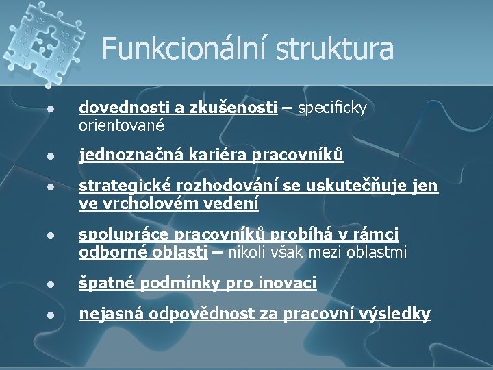 Funkcionální struktura l dovednosti a zkušenosti – specificky orientované l jednoznačná kariéra pracovníků l