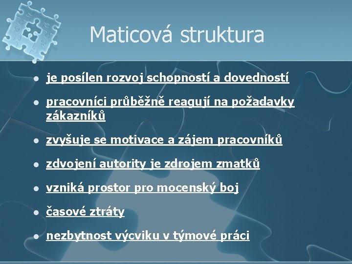 Maticová struktura l je posílen rozvoj schopností a dovedností l pracovníci průběžně reagují na