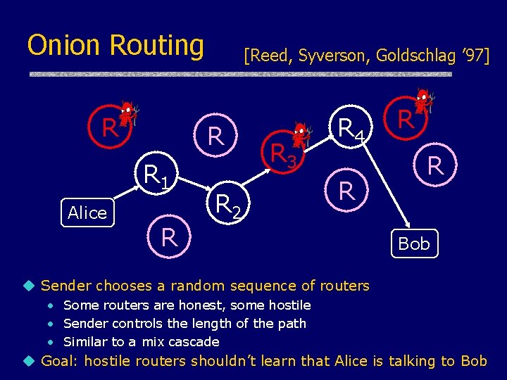 Onion Routing R R R 1 Alice [Reed, Syverson, Goldschlag ’ 97] R R