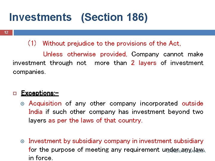 Investments (Section 186) 12 (1) Without prejudice to the provisions of the Act, Unless