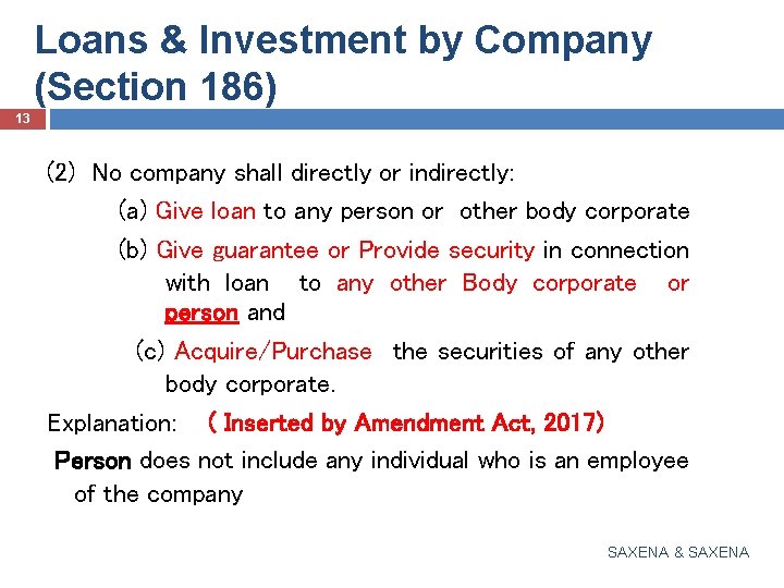 Loans & Investment by Company (Section 186) 13 (2) No company shall directly or