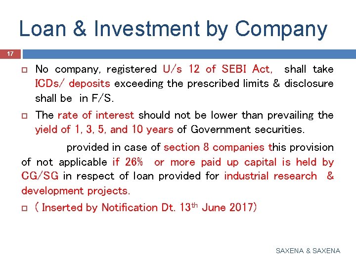 Loan & Investment by Company 17 No company, registered U/s 12 of SEBI Act,