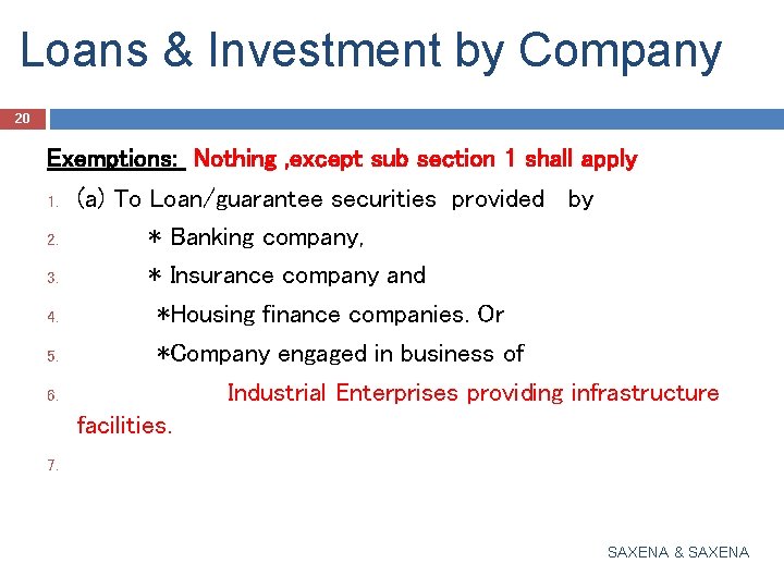 Loans & Investment by Company 20 Exemptions: Nothing , except sub section 1 shall