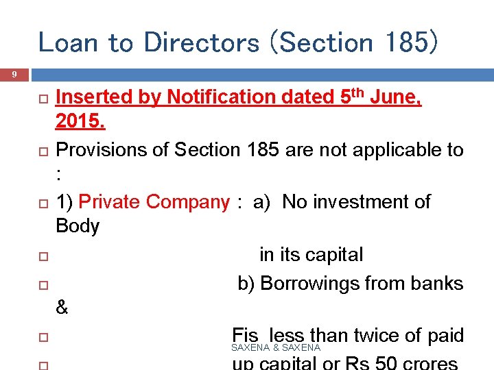 Loan to Directors (Section 185) 9 Inserted by Notification dated 5 th June, 2015.